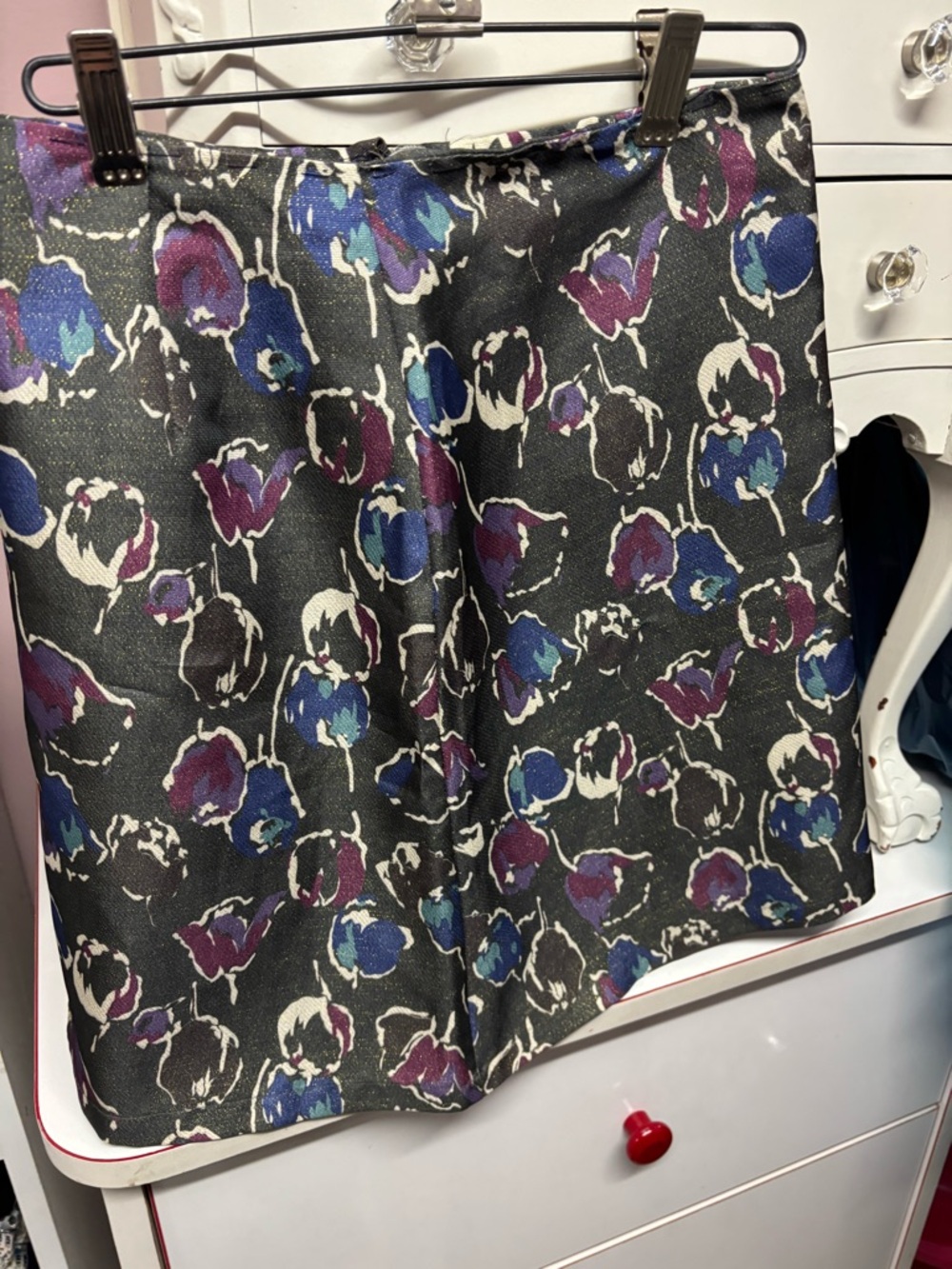 Floral Print A-Line Skirt in Black with Blue & Purple Accents